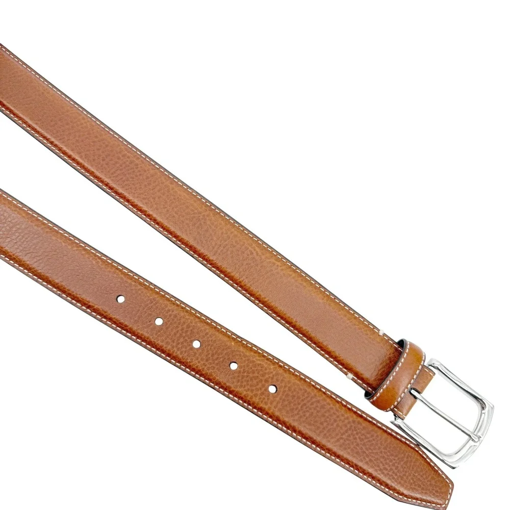 Johnston & Murphy Dress Belt Men 38 Brown Pebbled Leather Contrast Stitch Preppy